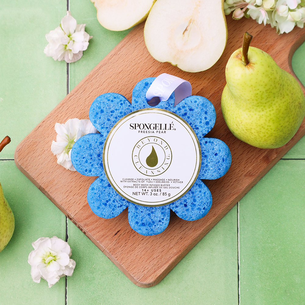 Spongellé Freesia Pear Wild Flower body wash infused buffer with white ribbon, featuring a soft sponge for gentle cleansing and fragrance.