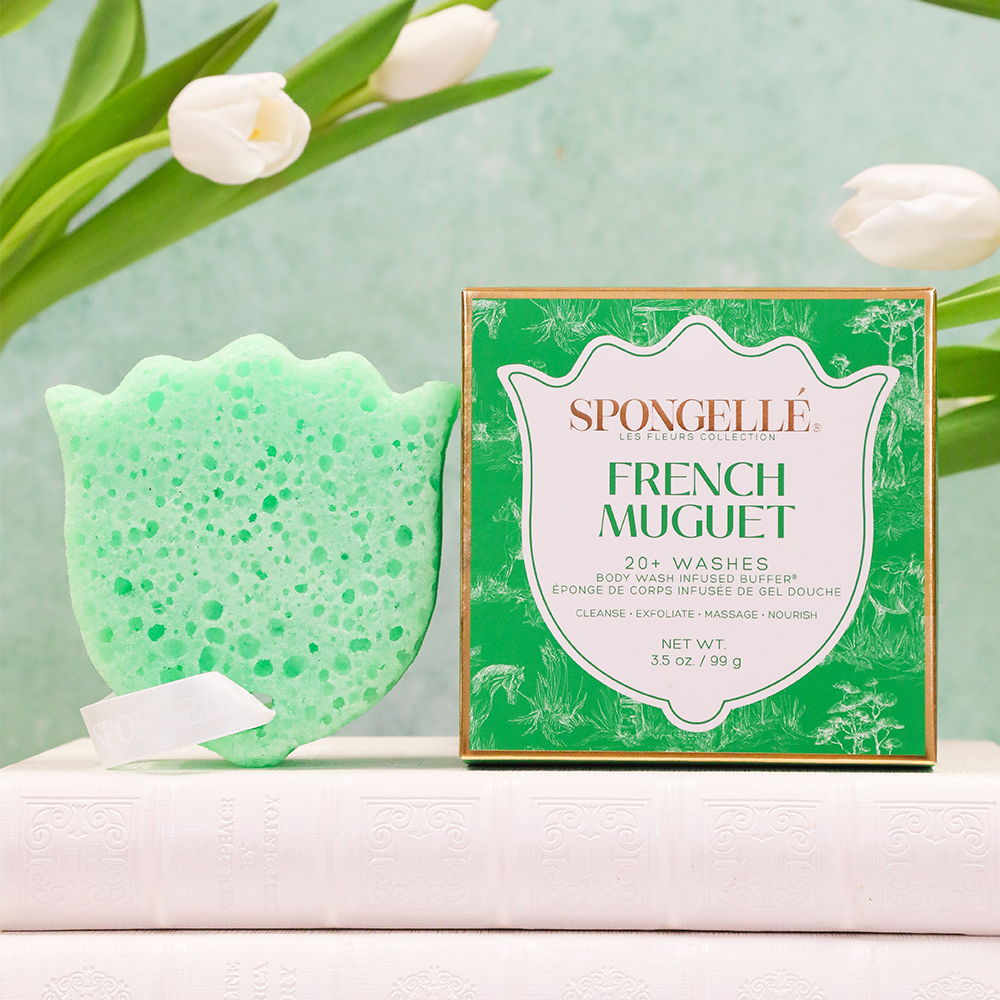 Spongellé French Muguet Les Fleurs body wash infused buffer with fresh floral scent and colorful floral design on the buffer sponge.