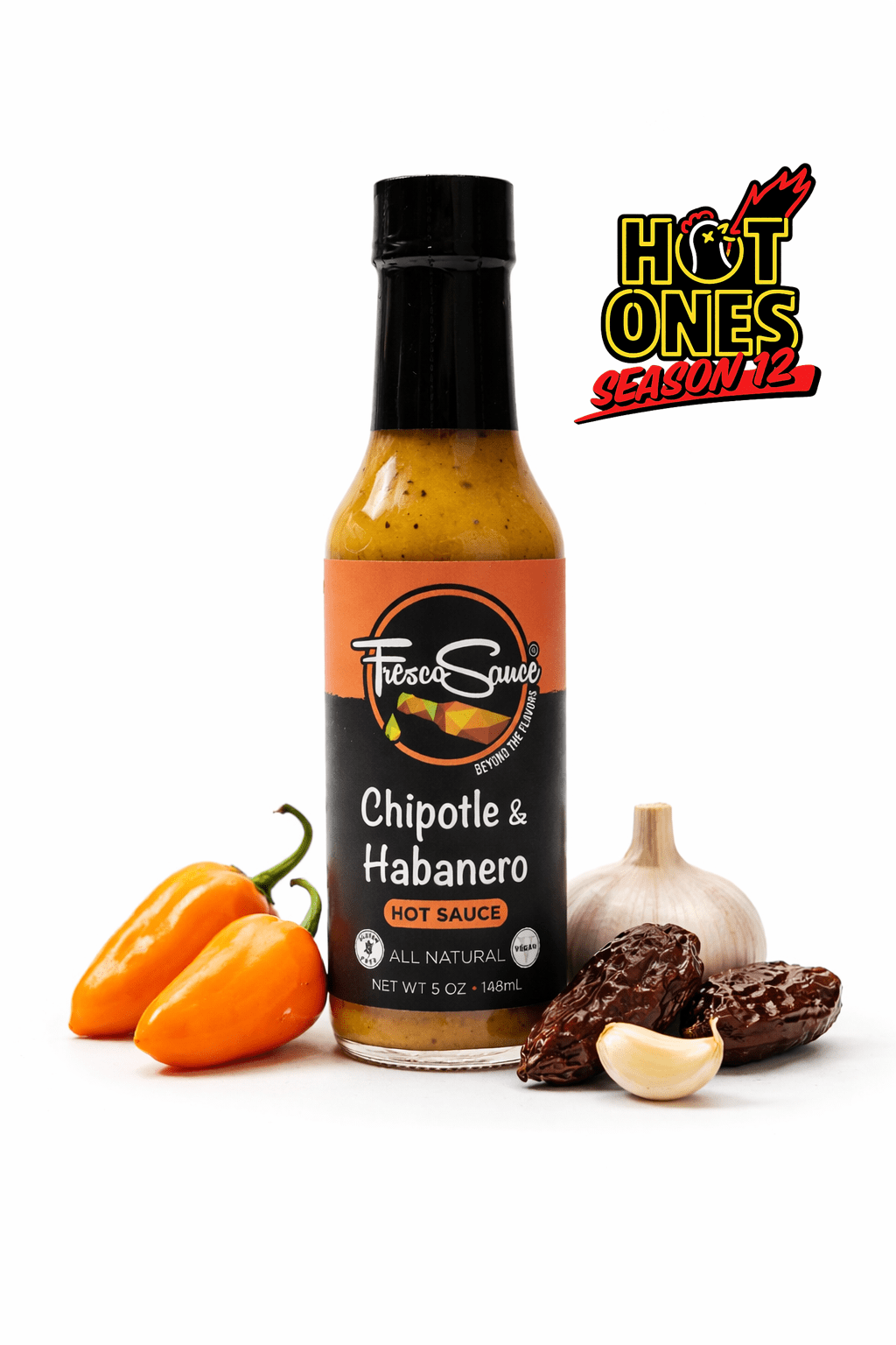 FrescoSauce Chipotle & Habanero Hot Sauce bottle featuring on Hot Ones, showcasing its spicy peppers and vibrant label.