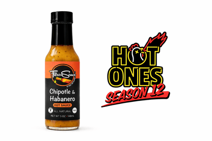 FrescoSauce Chipotle & Habanero Hot Sauce bottle with label, showcasing vibrant chili peppers and hot sauce branding.