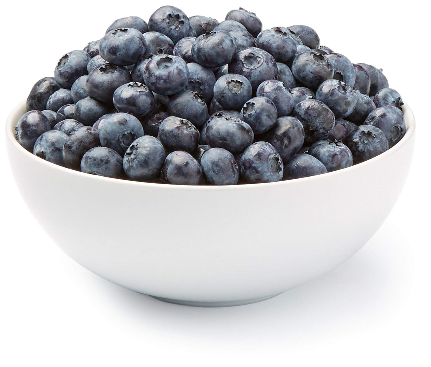 Fresh organic blueberries in a clear container, 18 oz package, showcasing plump, ripe blue berries on a white background.