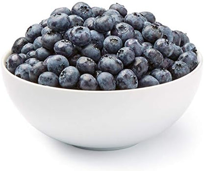 Fresh organic blueberries in an 18 oz container, showing ripe blue berries with green stems and natural bloom.