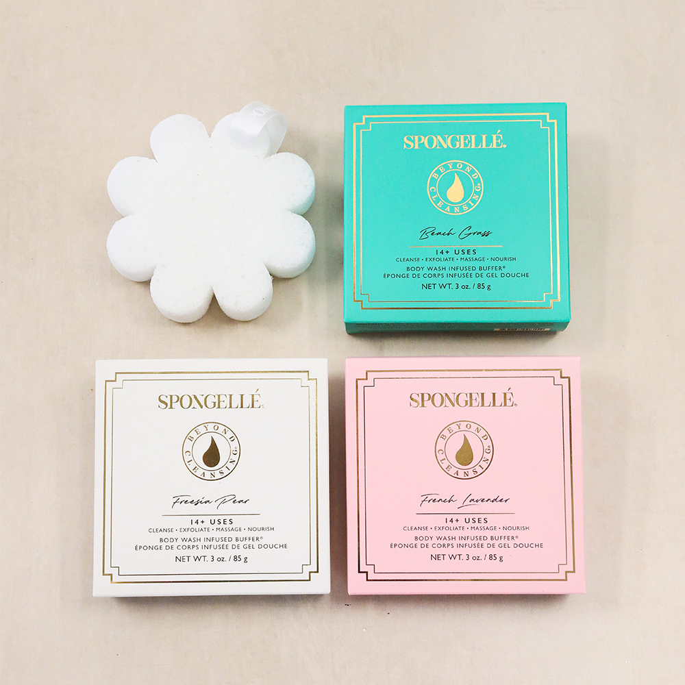 Spongellé Fresh Boxed Flower Set body wash infused buffer with three floral-scented sponges on a lifestyle background