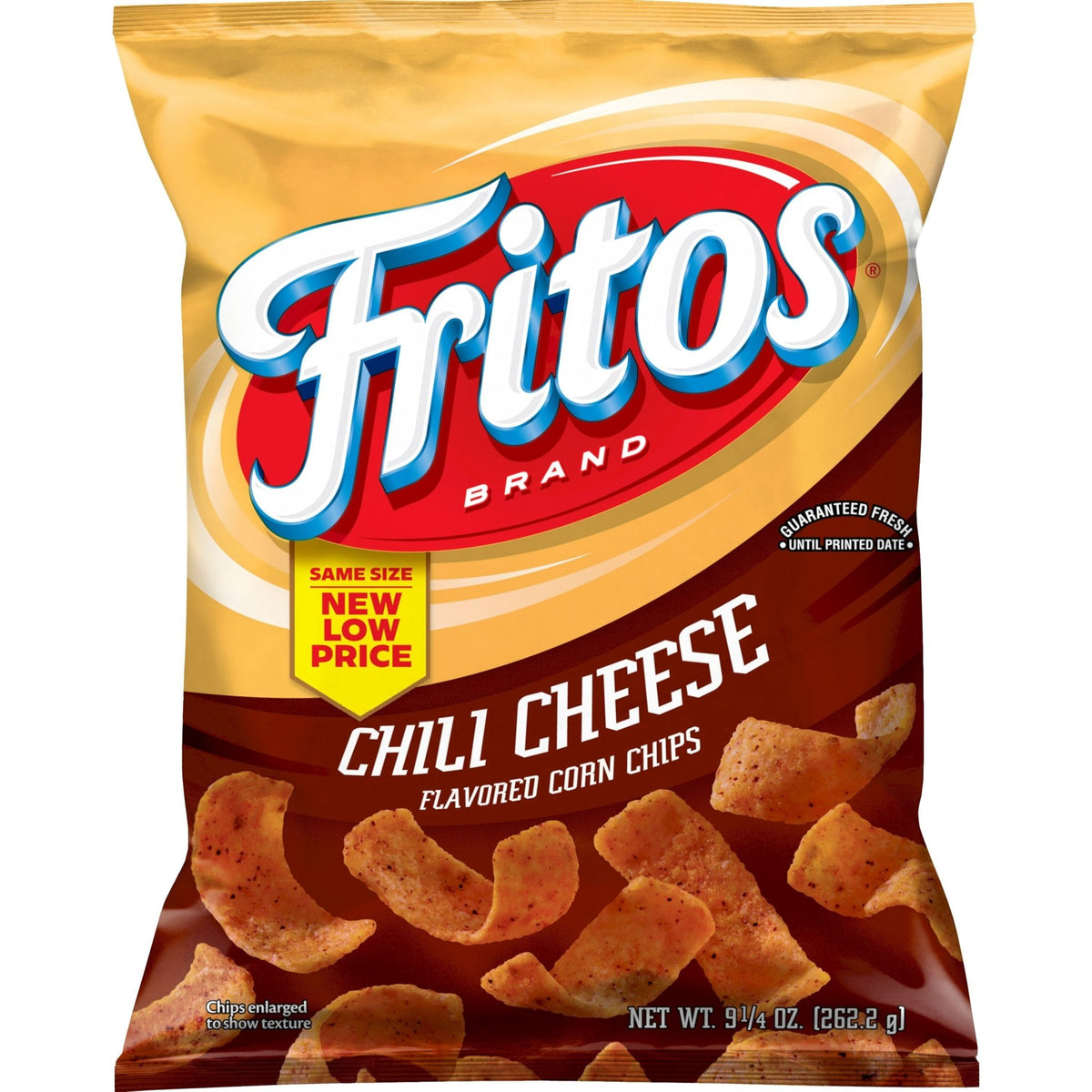 Fritos Corn Chips Chili Cheese flavored snack chips in a 9.25-ounce bag, showing crispy corn chips with chili cheese seasoning.