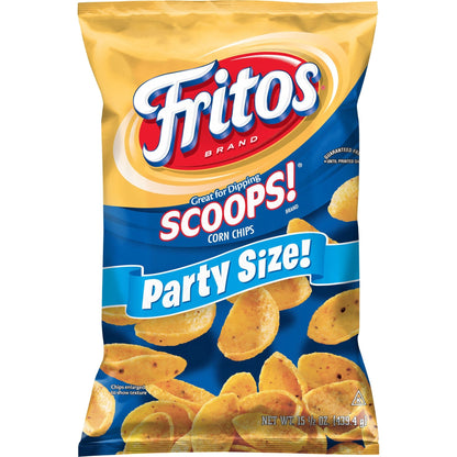 Fritos Scoops! Corn Snacks party size bag, 15.5 oz, showing crispy, curved tortilla chip snacks in a large bag.