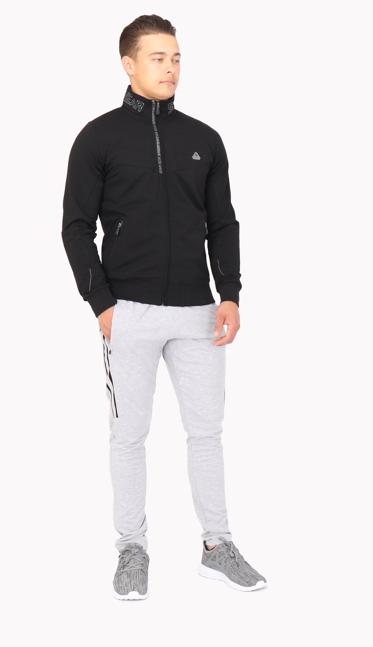 Front view of SCR Sportswear men's All-Day Comfort full zip sweatshirt, an athletic-casual bomber jacket in black with a zip-up front.