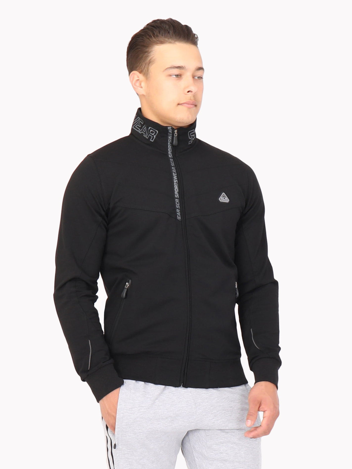 Front view of SCR Sportswear men's All-Day Comfort full zip sweatshirt, athletic-casual bomber jacket with comfortable fit.