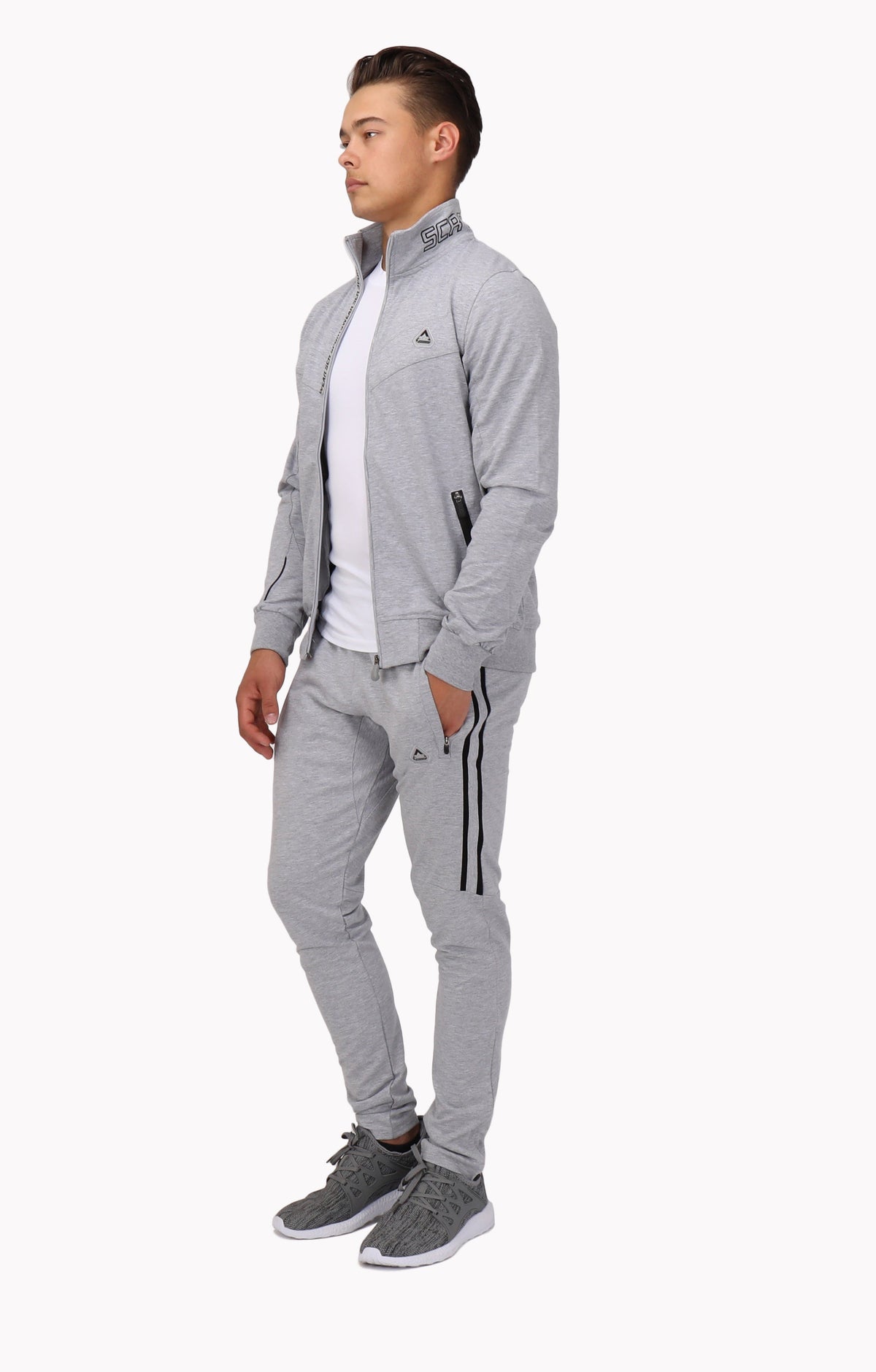 Front view of SCR Sportswear men's All-Day Comfort full zip sweatshirt, athletic-casual bomber jacket in black with a zip closure.