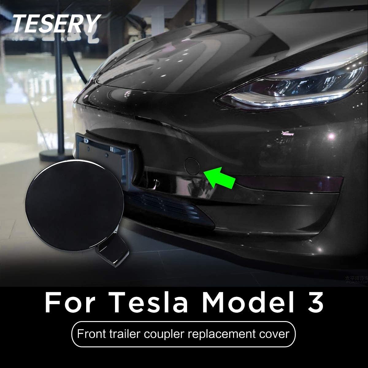 Tesla Model 3 front bumper tow hole tow hitch cover, OEM exterior trim part with clean finish and precise fit.