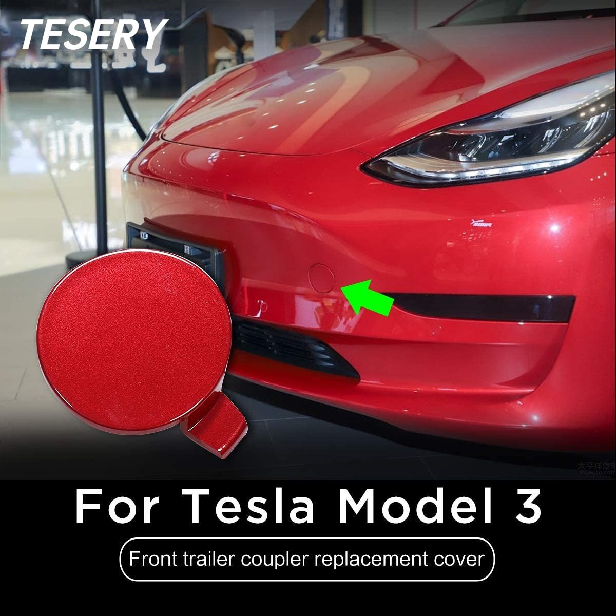 Tesla Model 3 front bumper tow hole tow hitch cover OEM exterior trim in black, designed for 2017-2024 models.
