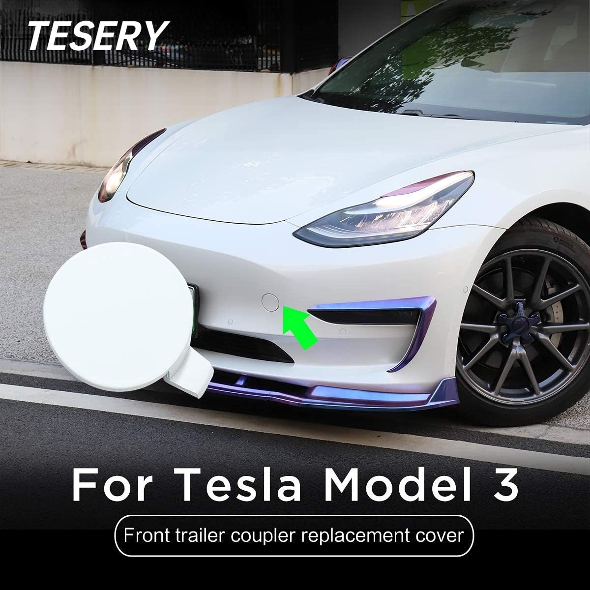 Tesla Model 3 front bumper tow hole tow hitch cover, OEM exterior trim part in black, designed for 2017-2024 models.