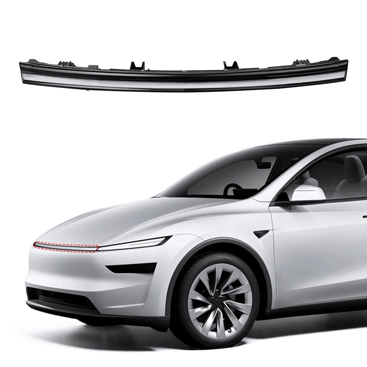 Front center LED light bar headlight for Tesla Model Y Juniper, accessory with PN 2038294, installed on vehicle front.