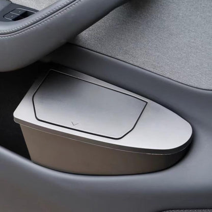 Two Tesery Model Y front door trash can organizers in Juniper color, designed for Tesla Model Y storage and convenience.