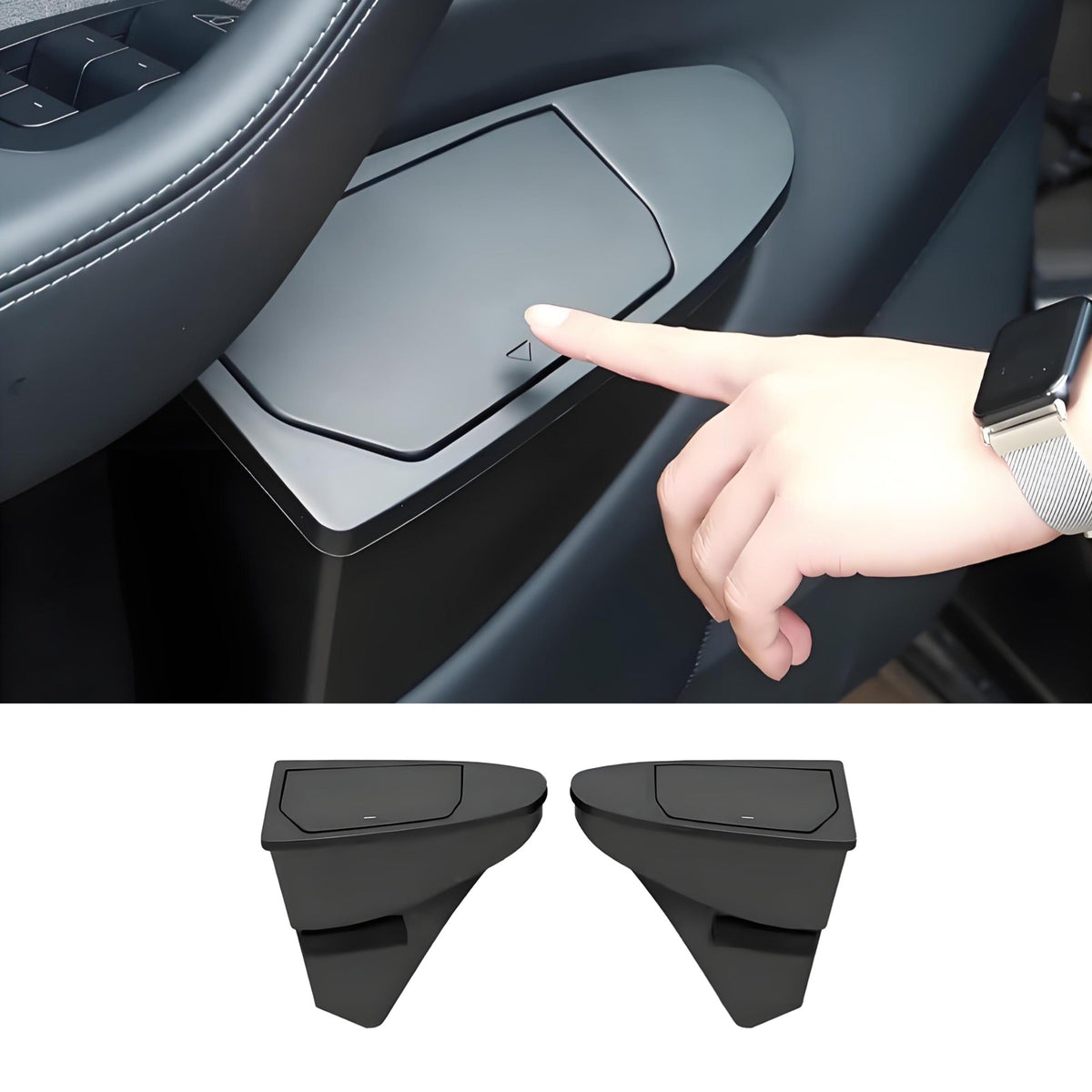 Tesla Model Y Juniper front door trash can organizer, 2-piece storage box for convenient waste management.