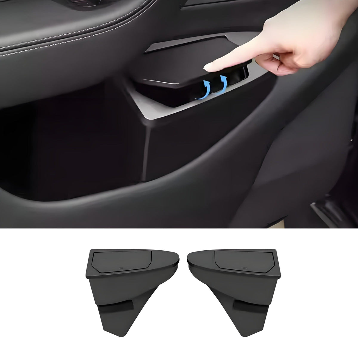 Two Tesery Model Y Juniper front-door trash can organizers, dual storage boxes for Tesla Model Y interior.