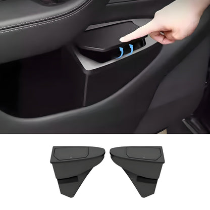 Two Tesery Model Y Juniper front-door trash can organizers, dual storage boxes for Tesla Model Y interior.
