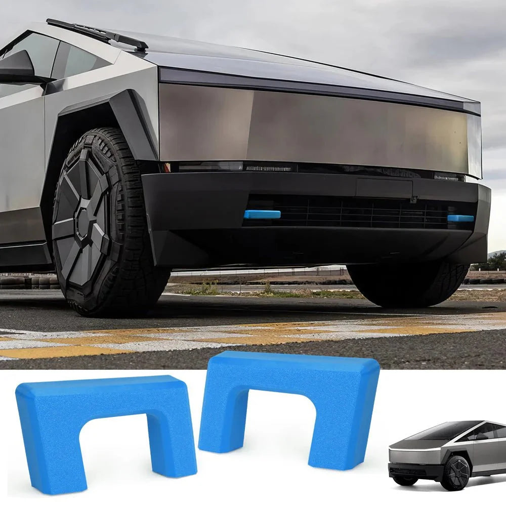 Pair of Tesla Cybertruck front tow hook covers by Tesery Official Store, designed to protect and enhance the vehicle's front towing points.