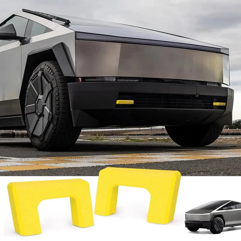 Pair of Tesery Official Cybertruck front tow hook covers, black plastic protectors for tow hook openings in vehicle front.