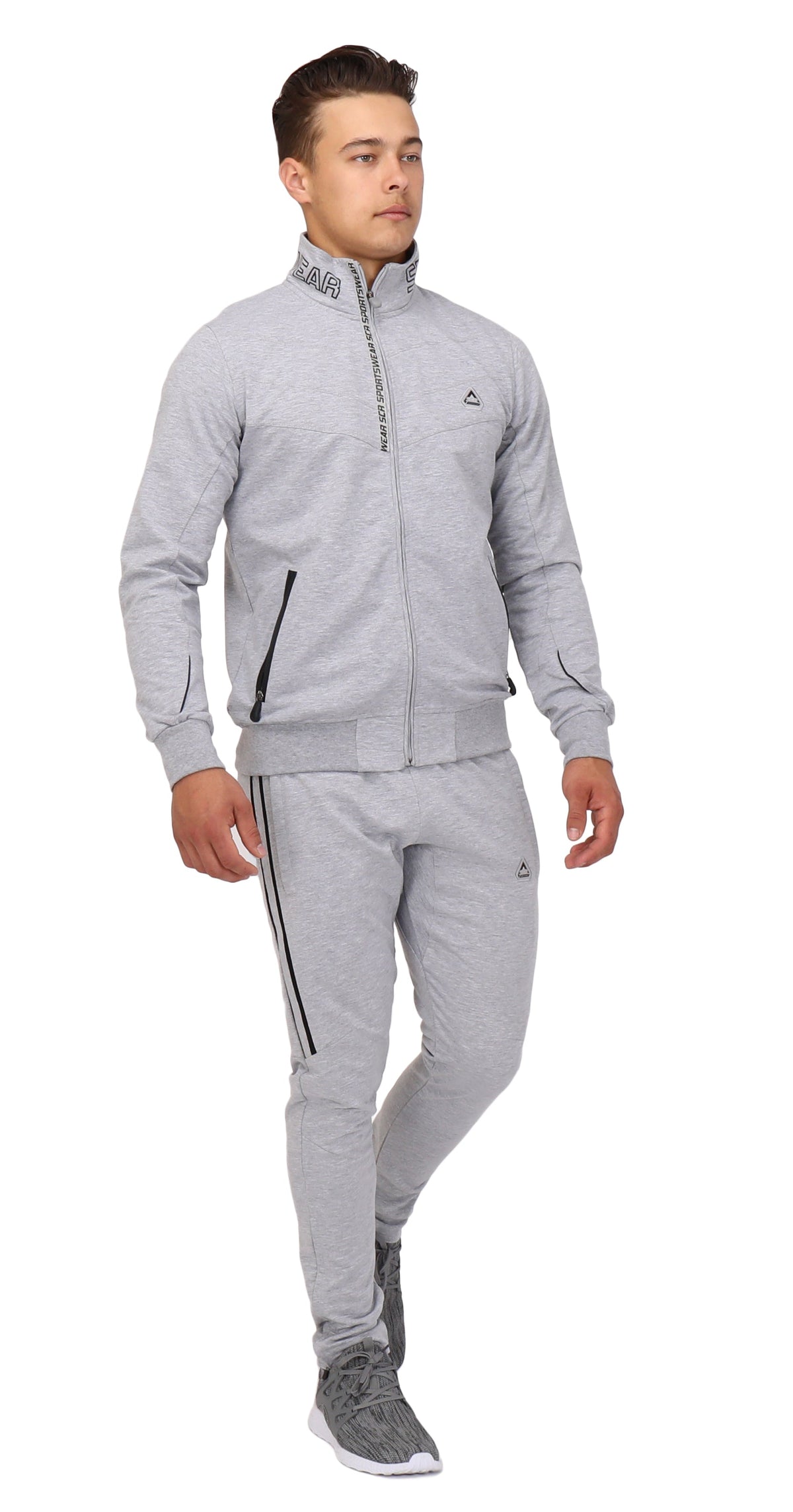 Front view of SCR Sportswear men's All-Day Comfort full zip sweatshirt, athletic-casual bomber jacket in black with a zip-up front.