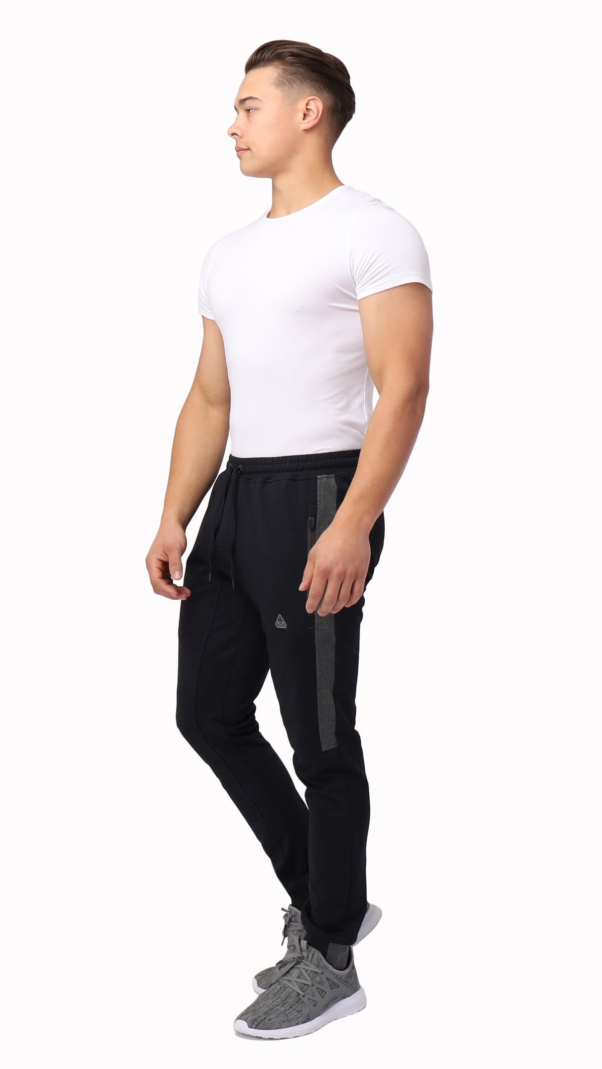 Men's SCR Sportswear Infinite Flex Tall Fit jogger sweatpants, front view showing adjustable waistband and tapered fit.