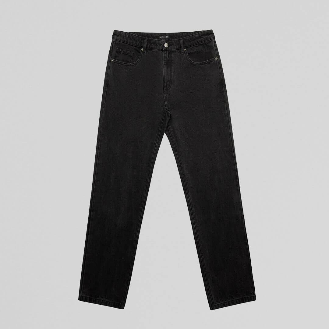 Black NU-VEL straight jeans trousers displayed from the front on a model, showing a classic fit and clean design.