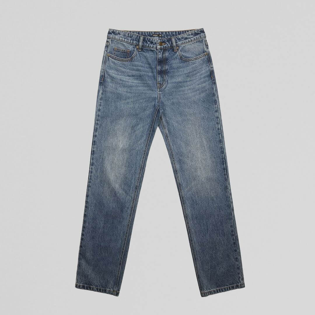 Blue NU-VEL straight jeans trousers viewed from the front, showcasing classic denim design and fit.