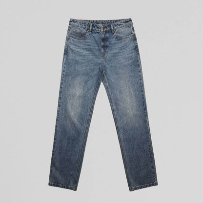 Blue NU-VEL straight jeans trousers viewed from the front, showcasing classic denim design and fit.