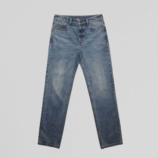 Blue NU-VEL straight jeans trousers viewed from the front, showcasing classic denim design and fit.