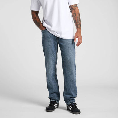 Nu-Vel straight jeans trousers showing front view with classic fit and denim fabric, detailed stitching and zip closure.