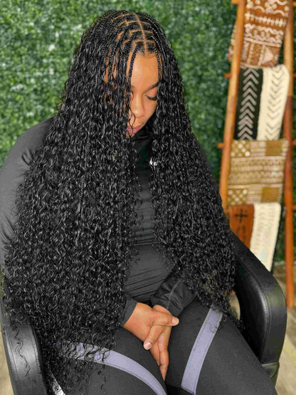 Fula Beauty Italian Curl boho hair wig in natural black with soft, defined curls, styled for a trendy boho look.