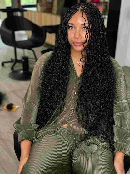 Fula Beauty Italian Curl boho hair in natural black, showcasing soft, defined curls styled with a relaxed, bohemian look.