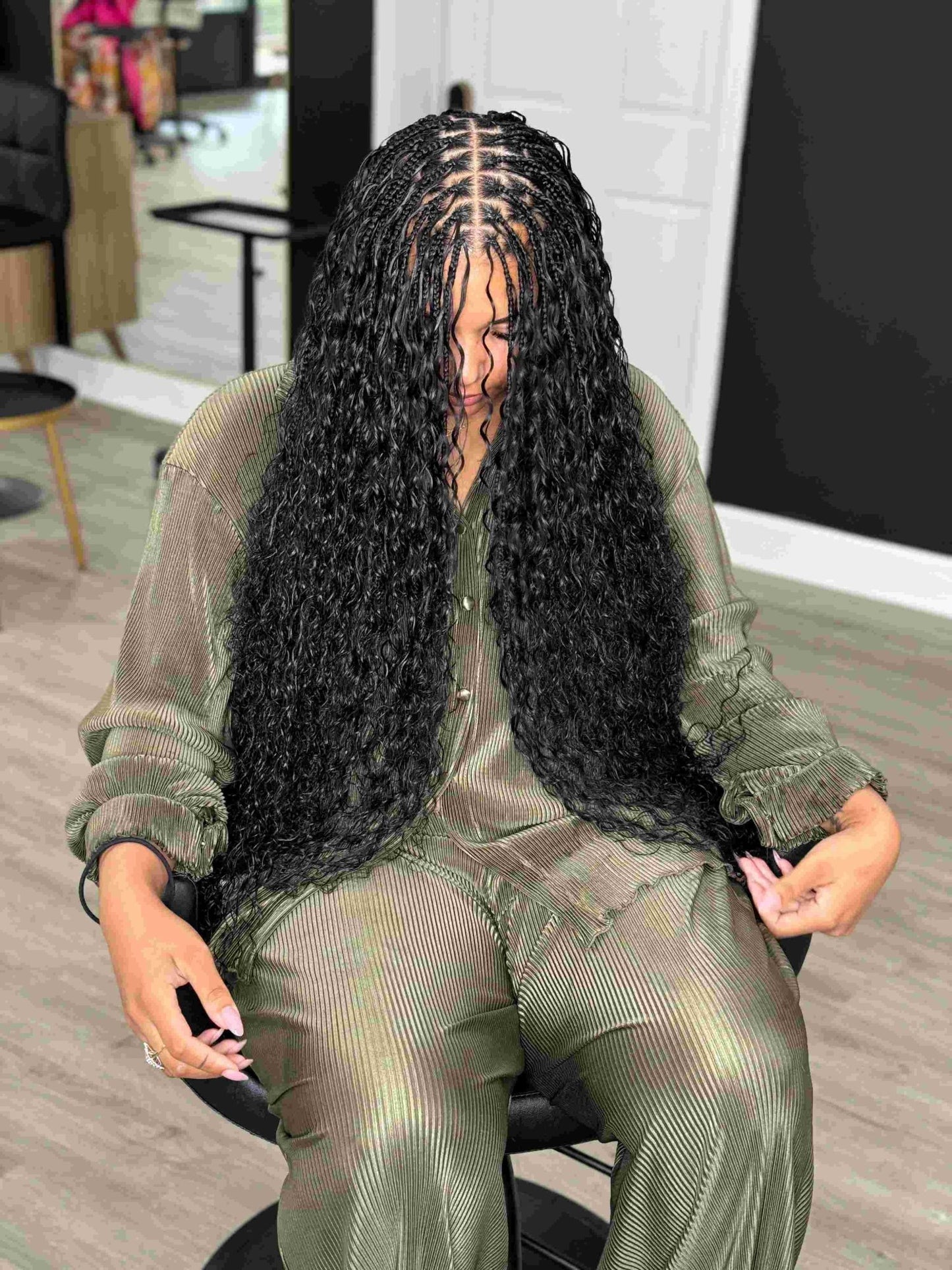 Fula Beauty Italian Curl Boho Hair in natural black 1B with soft, defined curls, showcasing a stylish boho hairstyle.