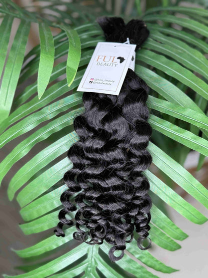 Natural black Italian Curl boho hair extension by Fula Beauty showcasing soft, defined curls with a natural texture.