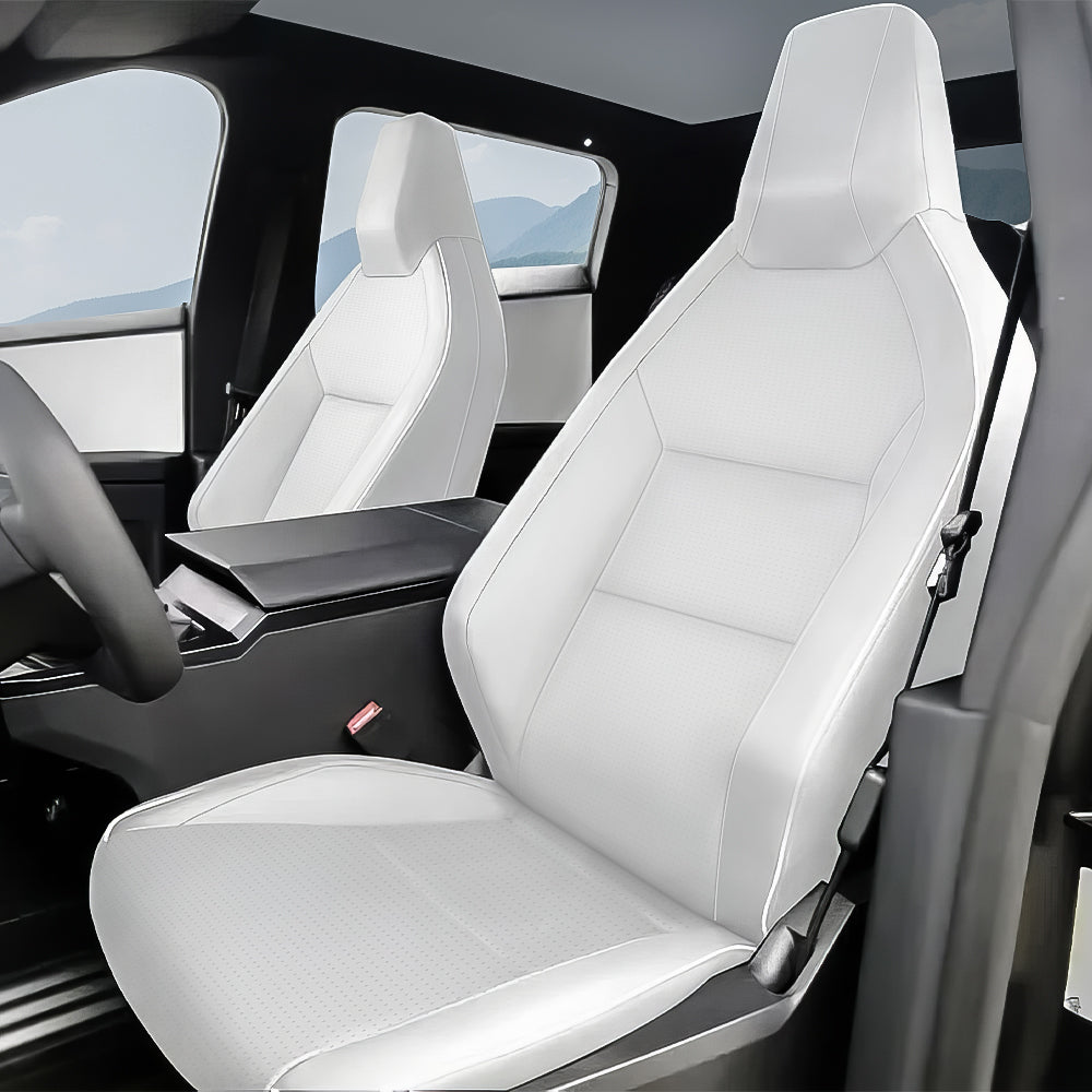 Full set of black leather seat covers for Tesla Cybertruck, 10-piece interior protection by Tesery Official Store.