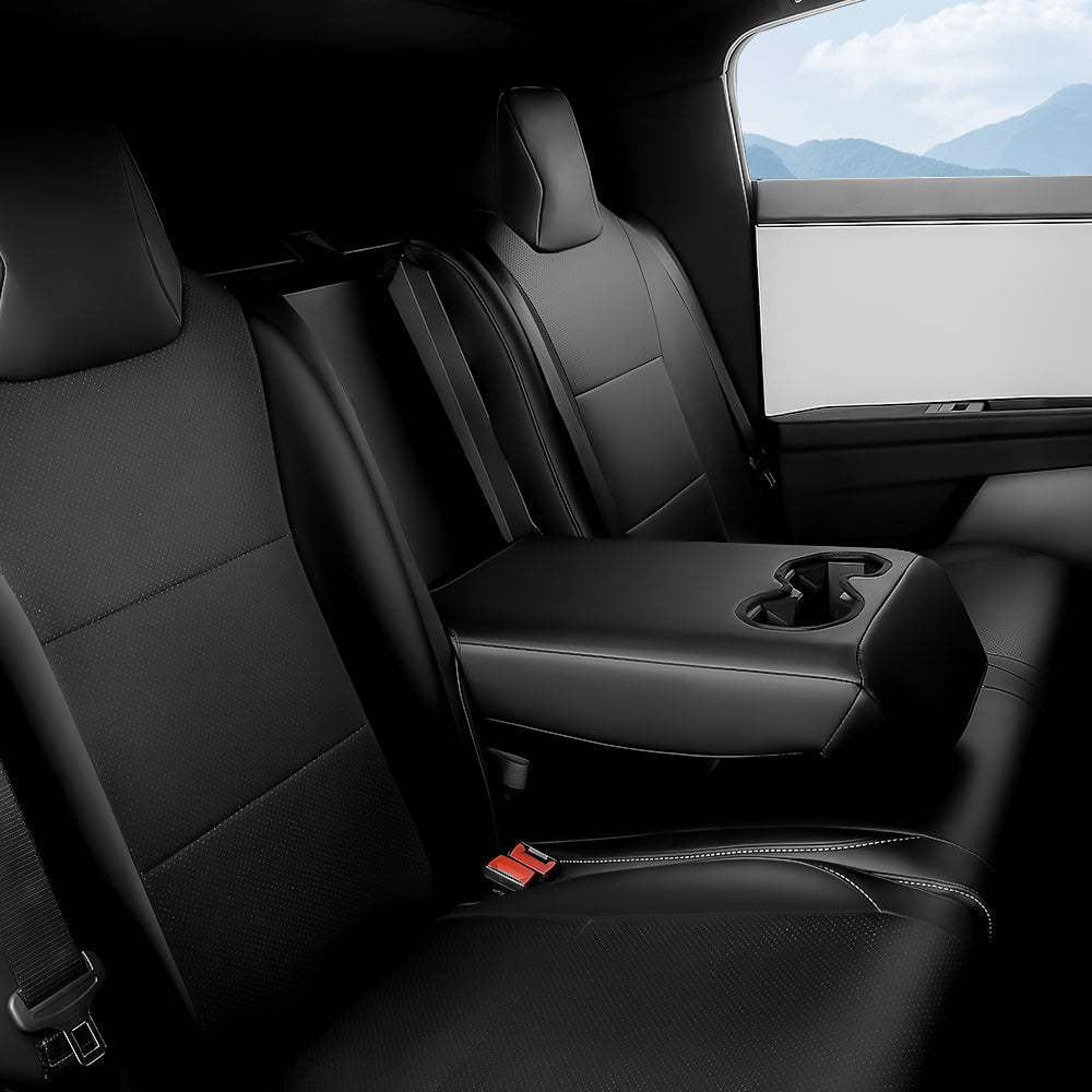 Full set of Tesery Official leather seat covers for Tesla Cybertruck, 10-piece interior protection and style.