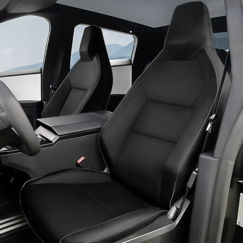 Full set of black leather seat covers for Tesla Cybertruck, 10-piece interior protection by Tesery Official Store.