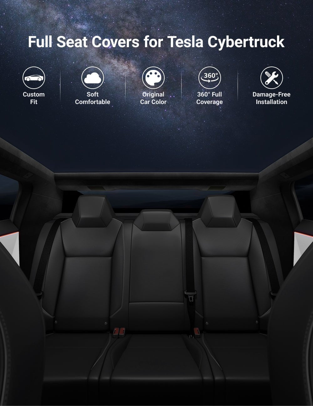 Full set of black leather seat covers for Tesla Cybertruck, 10-piece interior protection by Tesery Official.