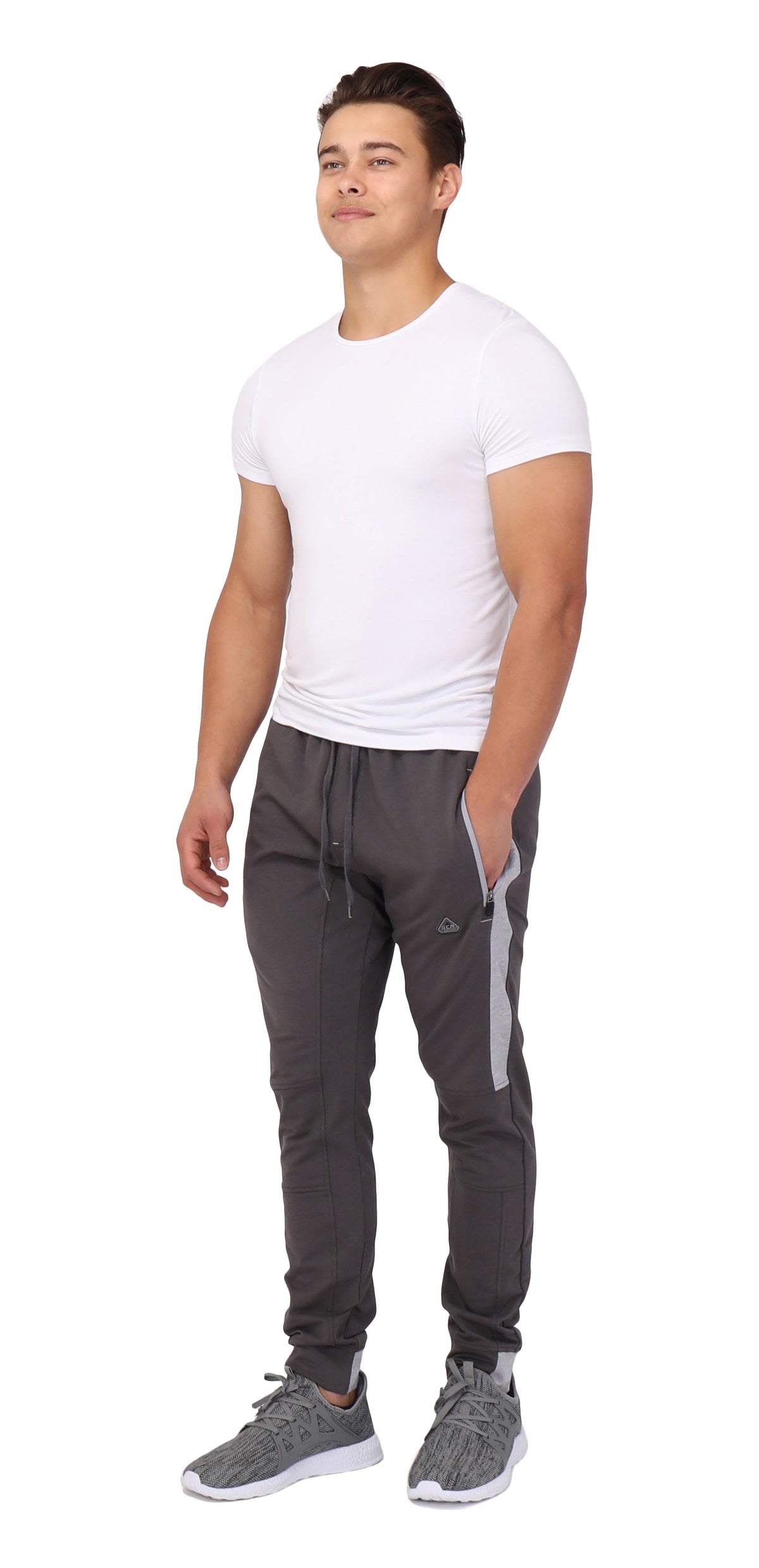 Men's SCR Sportswear Infinite Flex Tall Fit joggers sweatpants, full front view showing black fabric and elastic waistband.