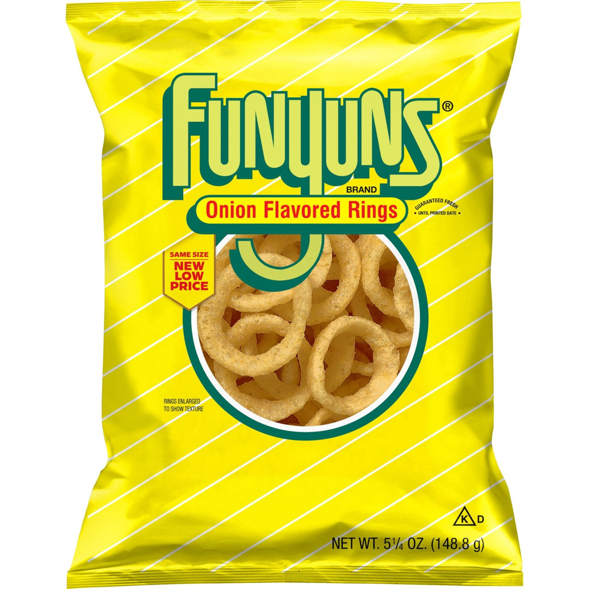 Bag of Funyuns Onion Flavored Rings Snacks, 5.25 oz, showing crispy, round onion-flavored snack rings in a clear bag.