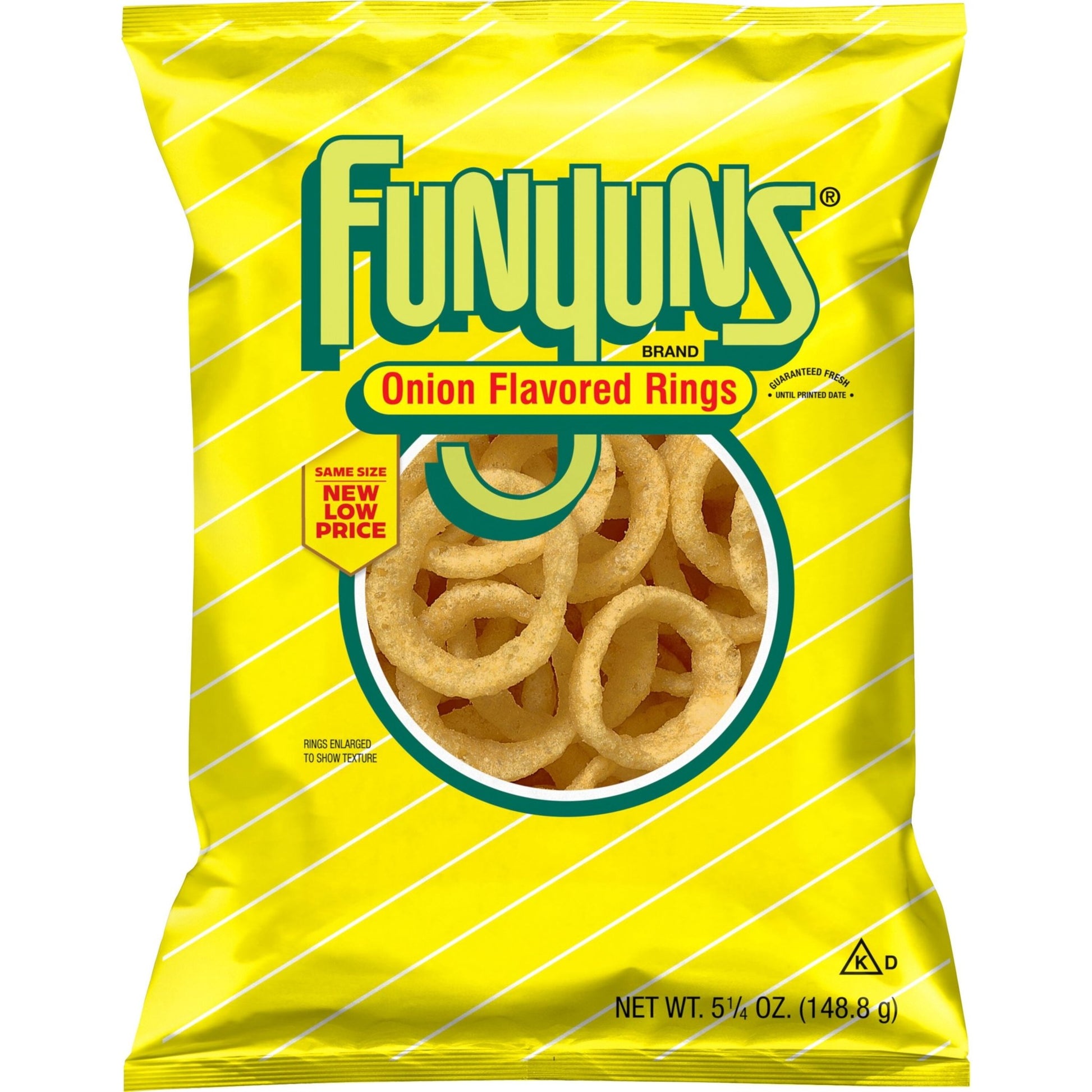 Bag of Funyuns Onion Flavored Rings Snacks, 5.25 oz, showing crispy, round onion-flavored snack rings in a clear bag.