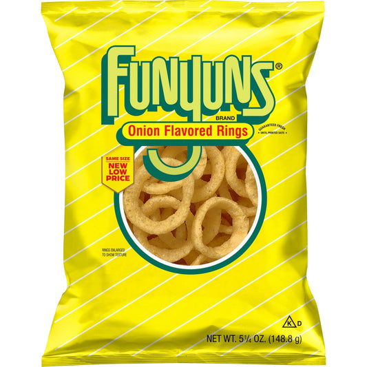 Bag of Funyuns Onion Flavored Rings Snacks, 5.25 oz, showing crispy, round onion-flavored snack rings in a clear bag.