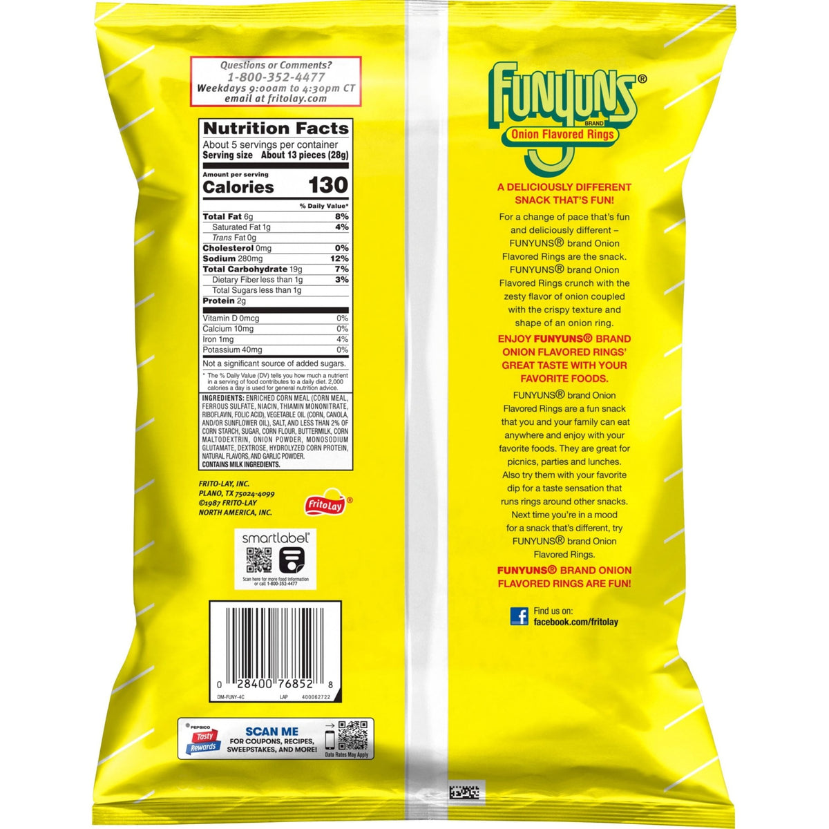 Bag of Funyuns onion flavored rings snacks, 5.25 oz, showing crispy, seasoned onion-flavored snack chips from Funyuns.