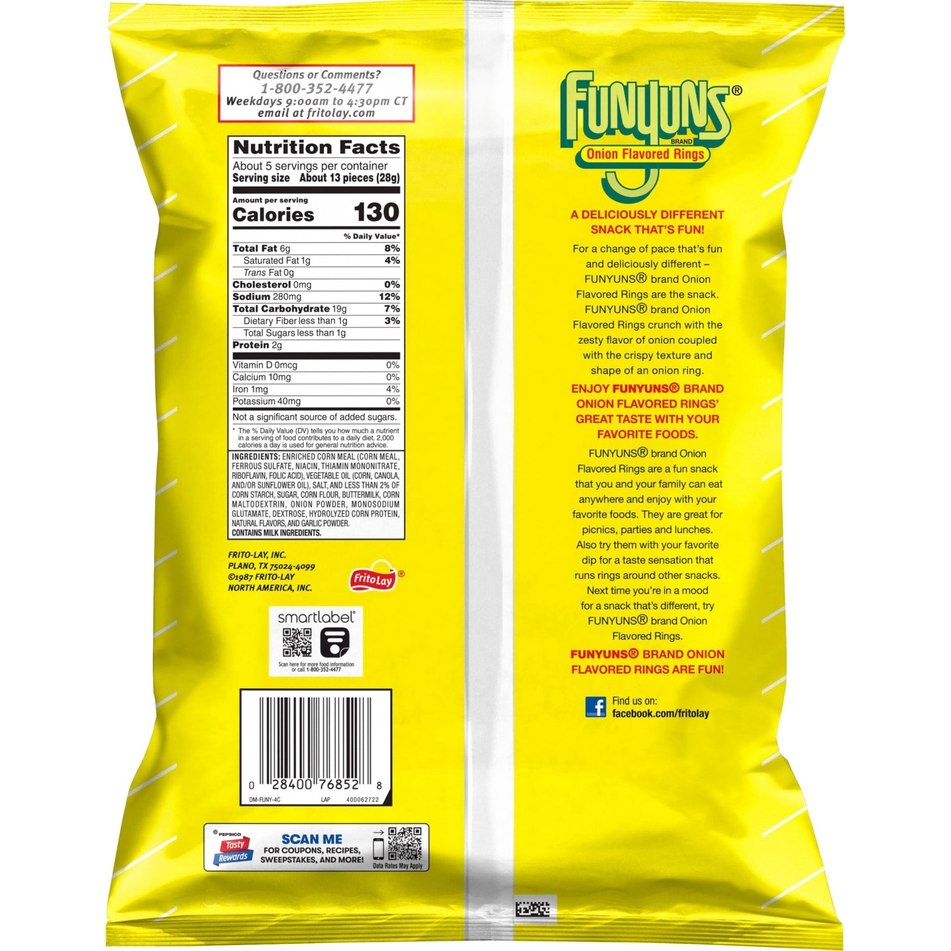 Bag of Funyuns onion flavored rings snacks, 5.25 oz, showing crispy, seasoned onion-flavored snack chips from Funyuns.