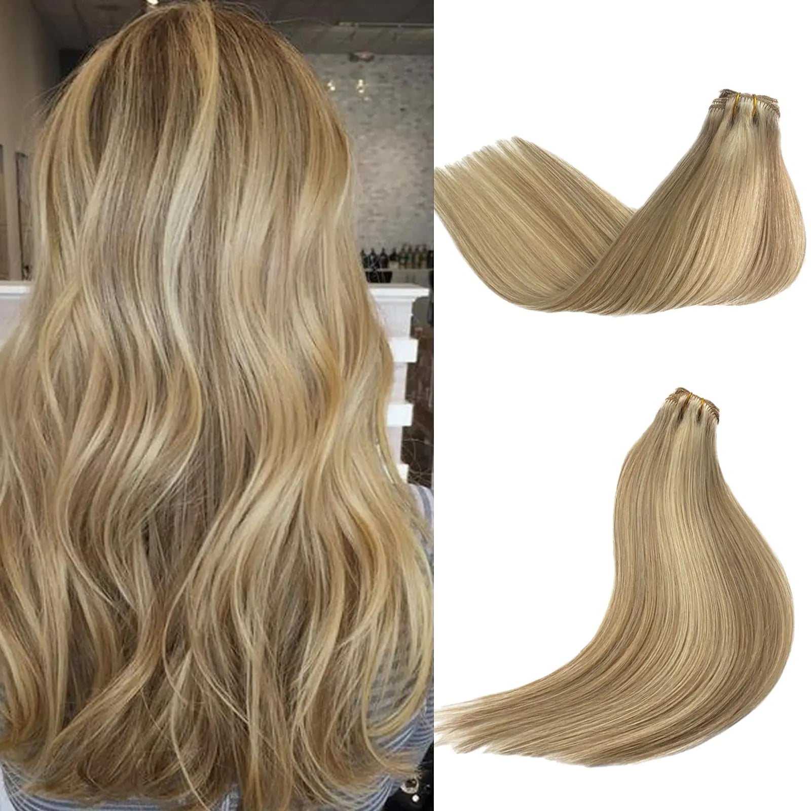 Human Hair Clip In Extensions Real Hair Beige Blonde to Platinum Blonde Highlight Hair Extension OiMiGO Clip Hair Extensions Human Hair Invisible Blonde Hair Extensions 70G 5Pcs (#18P6018Inch)