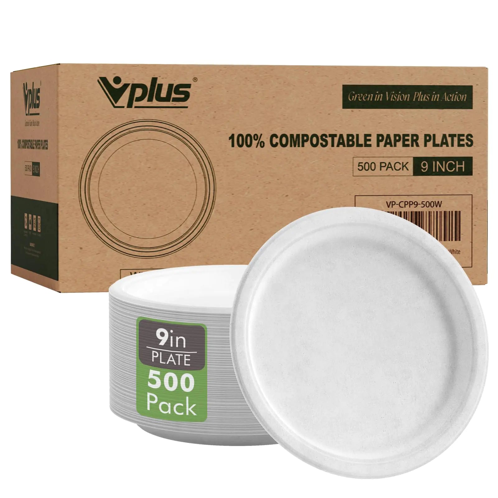 Vplus 500 Pack Paper Plates 9 inch 100% Compostable Plates Heavy-Duty Disposable Paper Plates Bagasse Natural Biodegradable Eco-Friendly Sugarcane Plates（White）