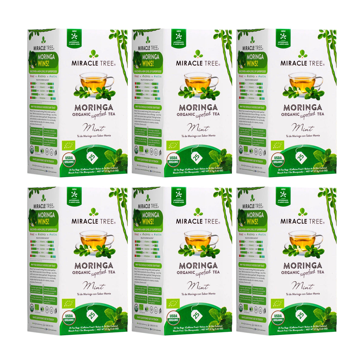 Organic Moringa Tea with mint by Miracle Tree, herbal caffeine-free tea in a clear glass cup with mint leaves.
