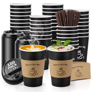 AIRE 100 Pack Disposable Coffee Cups with Lids 12 oz Coffee Cups for Hot & Cold Drinks To Go Coffee Cups with Lids for Coffee Tea Chocolate Paper Coffee Cups with Lids Sleeves and Stir Straws