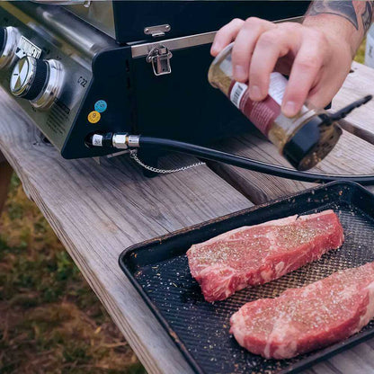 Stainless G22 Monument Grills tabletop propane gas grill with cooking surface and control knobs for outdoor grilling.