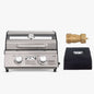 Stainless G22 Monument Grills tabletop propane gas grill with lid and 1 lb tank adapter, perfect for outdoor cooking.