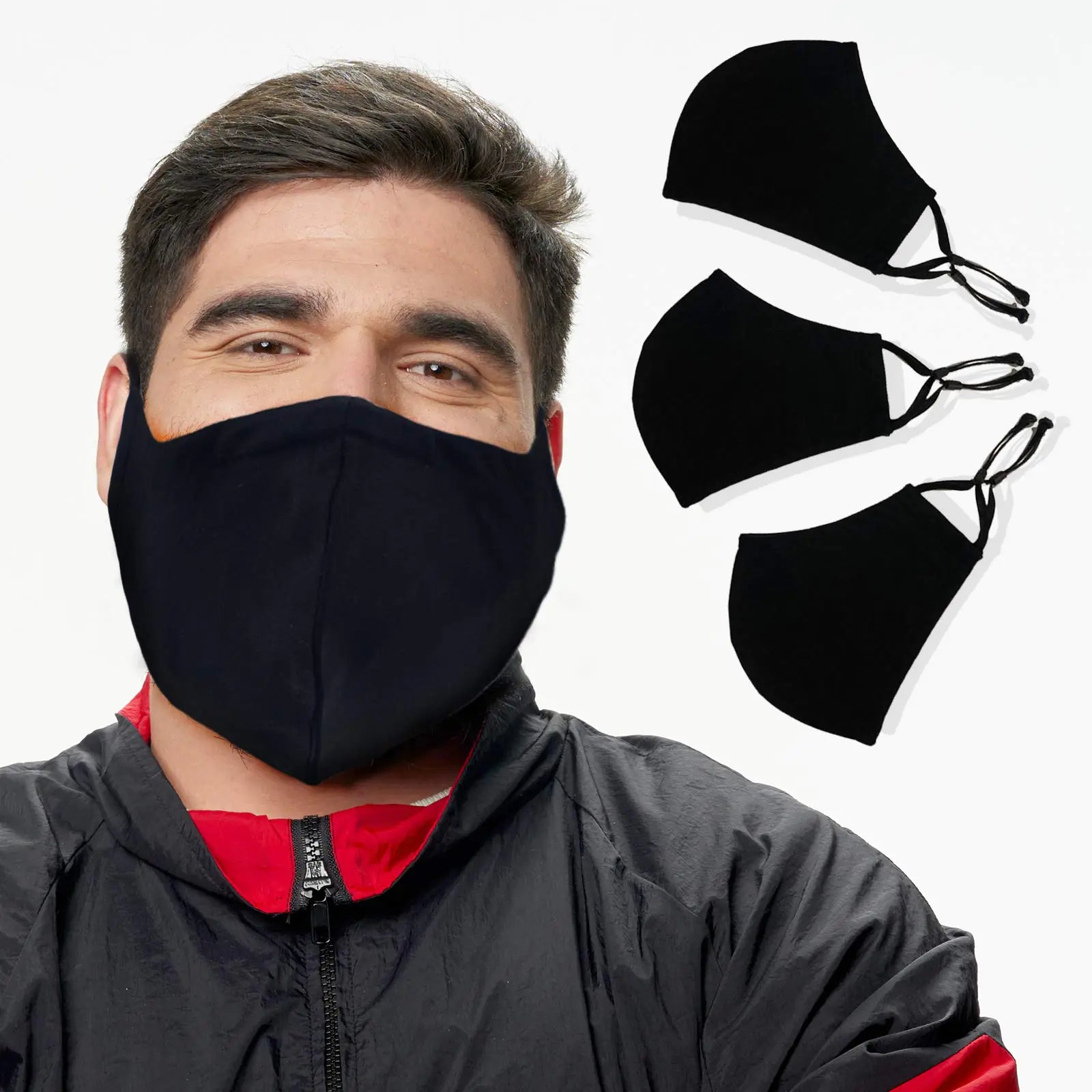 BLU HORN Face Mask Large Size with pocket for filter adjustable loop and nose wire (Large Black-3 Pack)